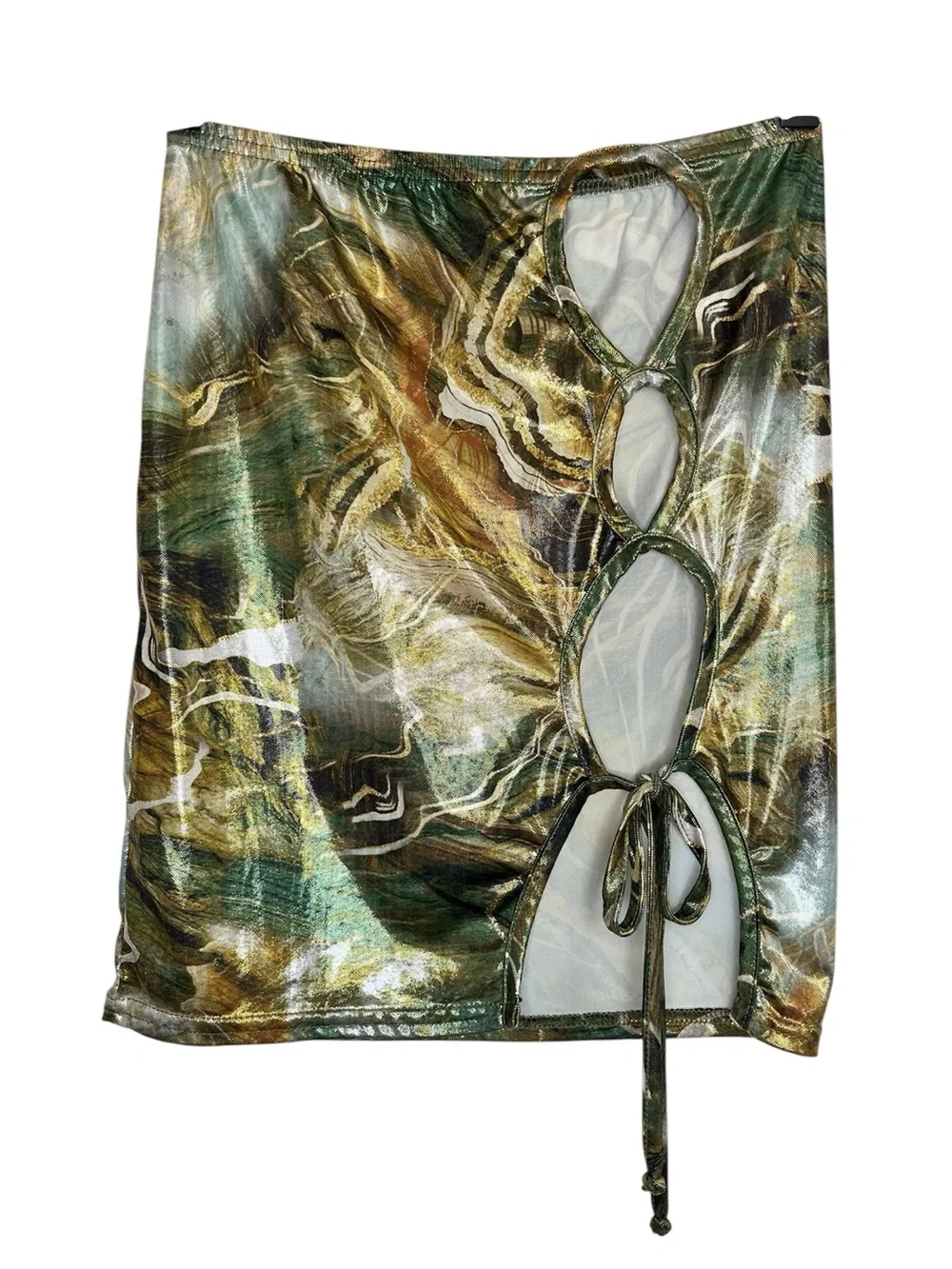 PrettyLittleThing Shape Green Marble Print Metallic Slinky Cut Out Skirt Sz 2